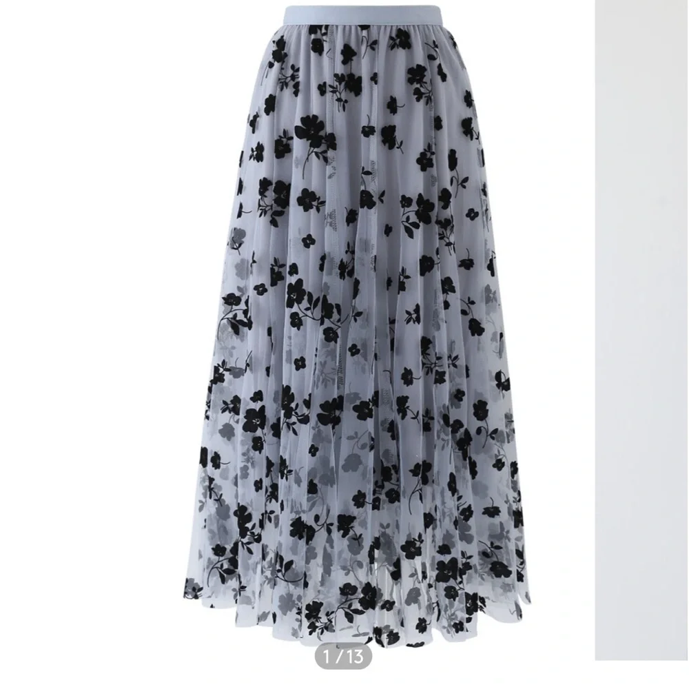 NWOT Chicwish 3D POSY LINED DOUBLE-LAYERED MESH MIDI SKIRT IN DUSTY BLUE XS - Picture 7 of 14